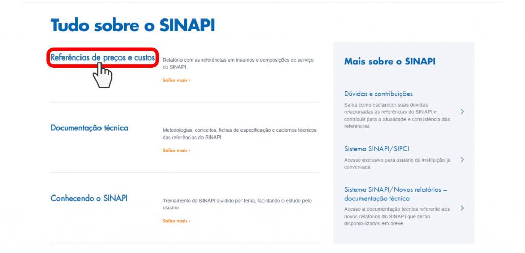 Captura de tela site da Caixa Econômica Federal SINAPI (Sistema Nacional de Pesquisa de Custos e Índices de Construção Civil)